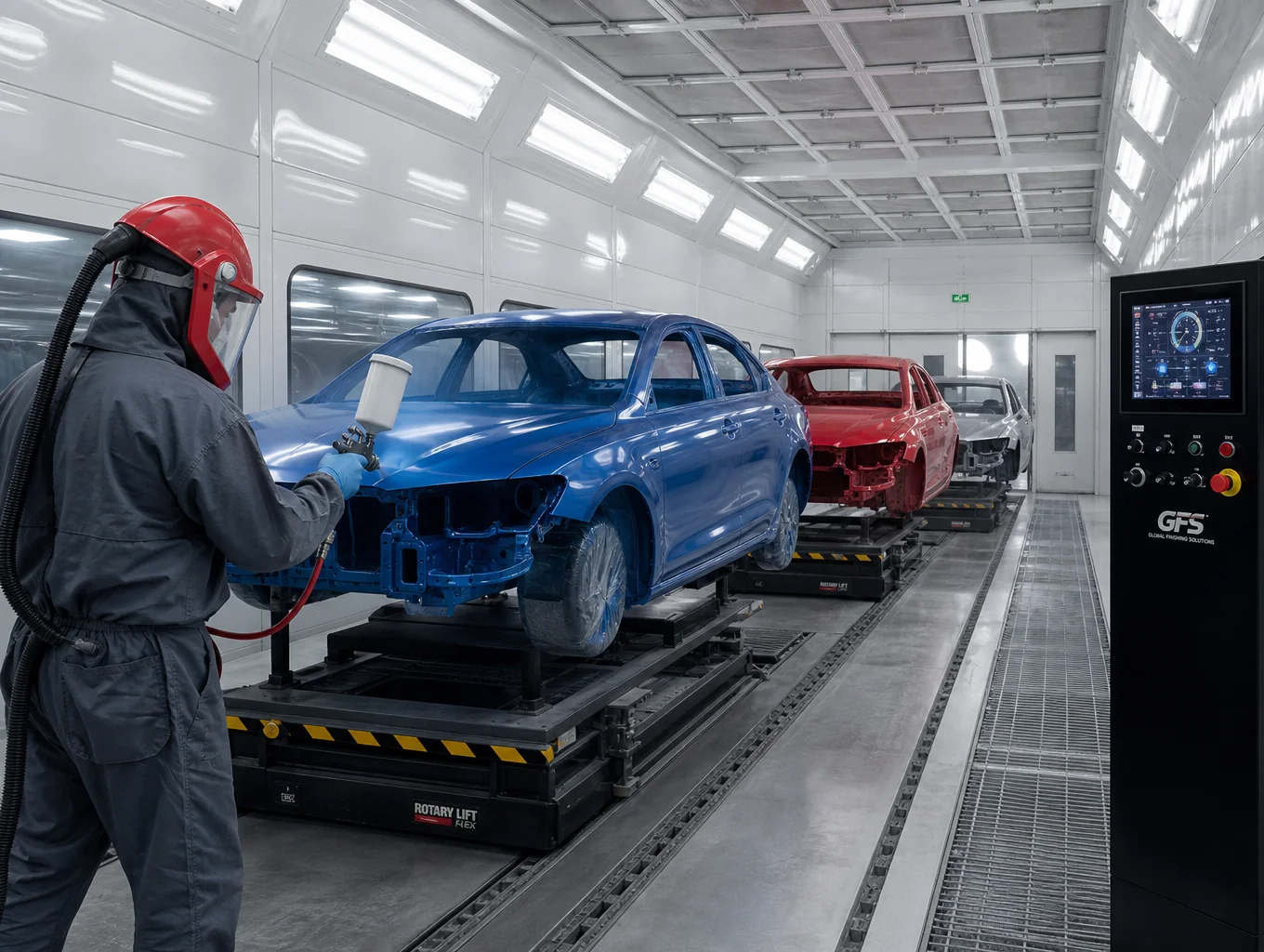 Automotive vehicle chassis masked and prepared inside low-bake paint spray booth