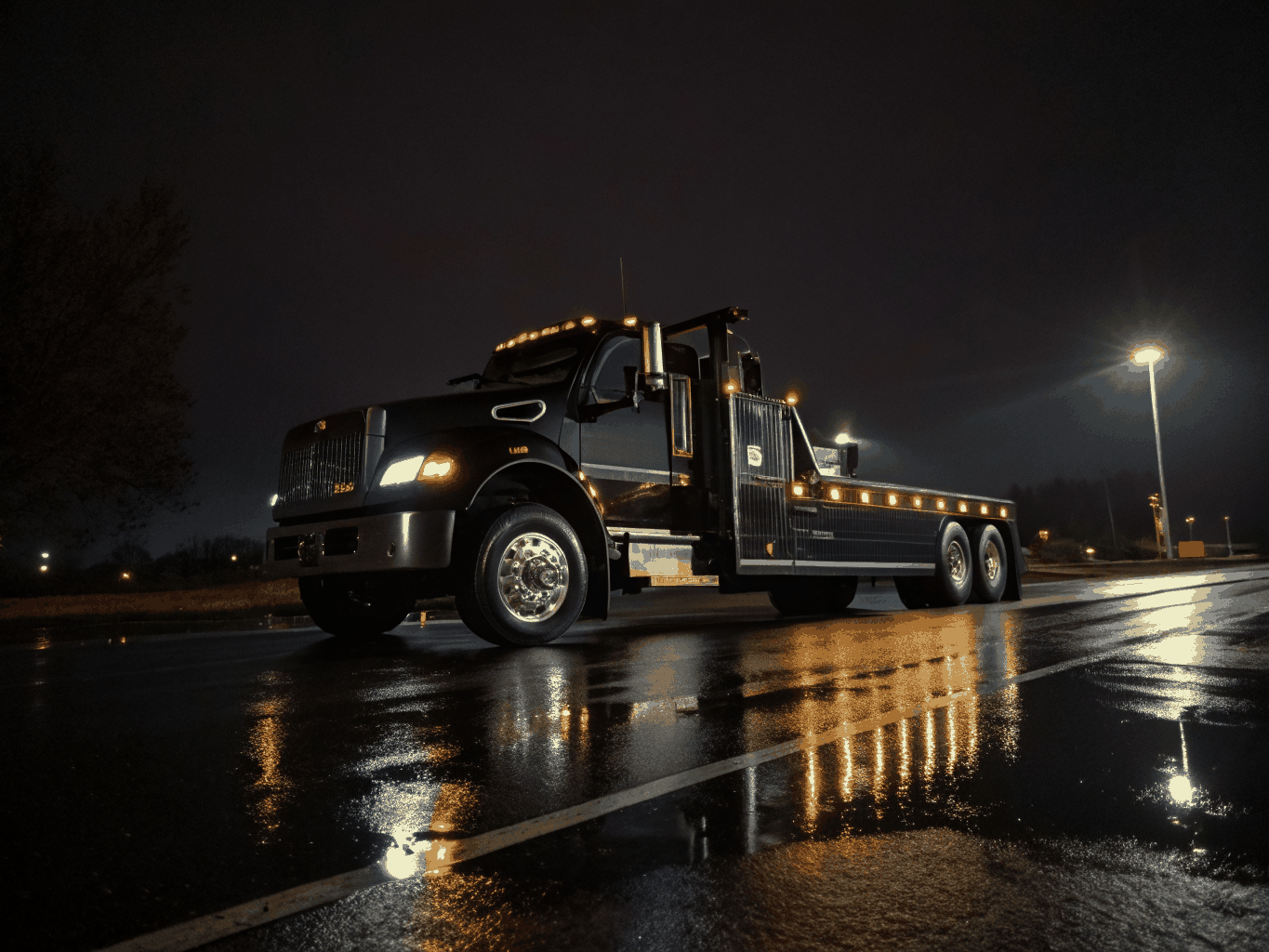 Commercial recovery flatbed transporter with amber recovery lightbars illuminated at night