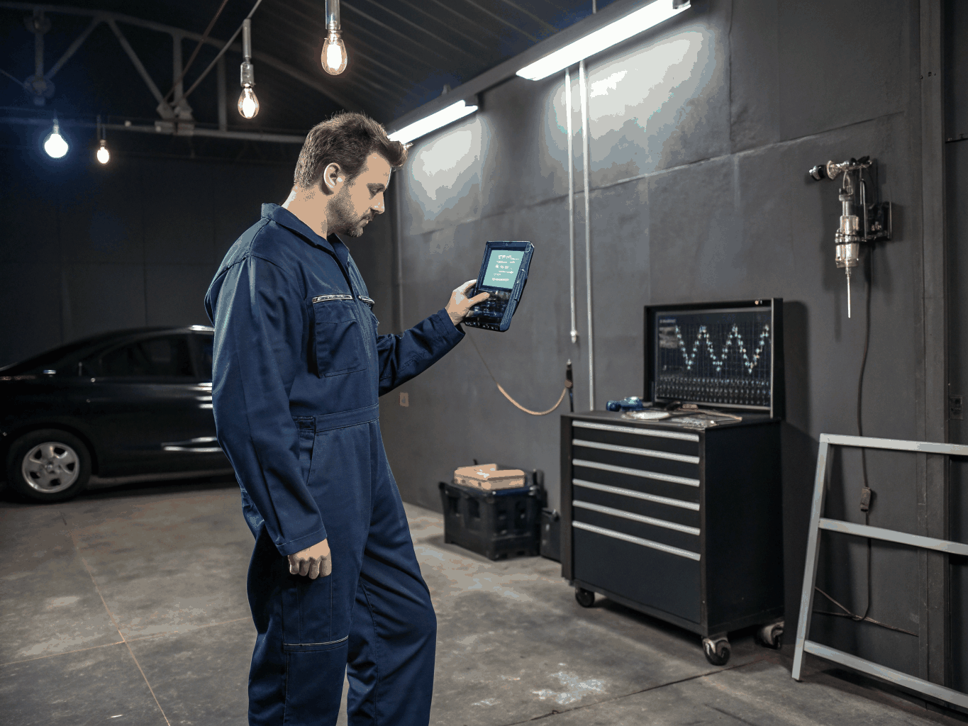 Diagnostic bay screen showing FDRS diagnostic computer connected to Ford vehicle