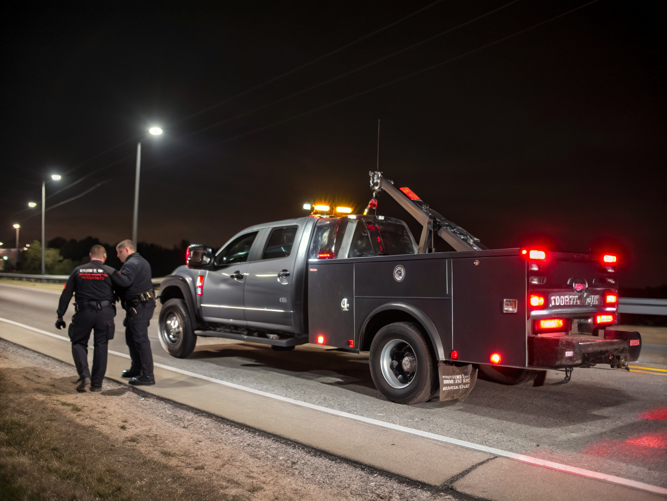 Emergency roadside flatbed recovery vehicle with warning lights deployed safely on road shoulder