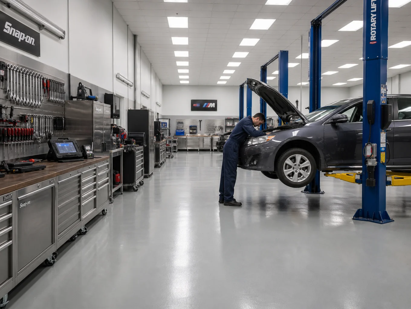 Team of professional automotive mechanics inspecting an engine bay in a spotless workshop