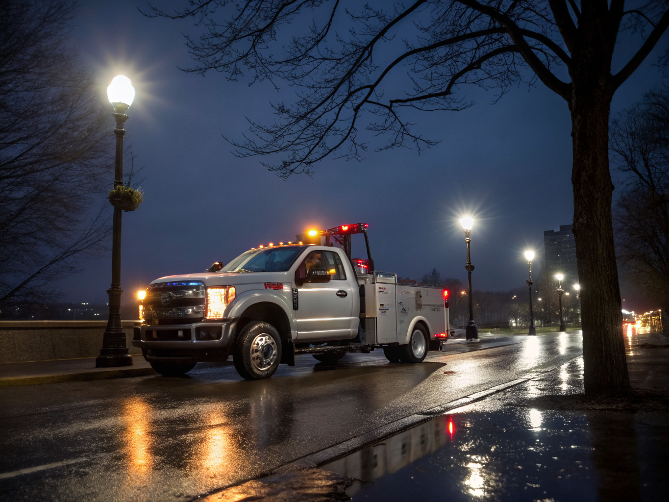 24/7 recovery flatbed truck assisting a broken-down car on the roadside at night